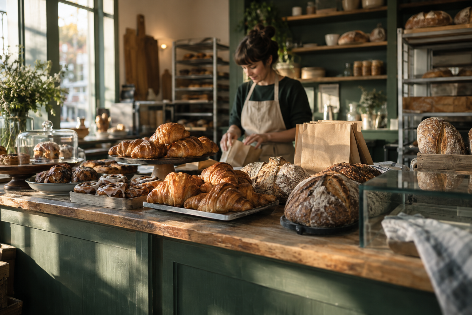 Illustrative neighborhood bakery with croissants, cinnamon rolls, and loaves on the counter as a baker packs a paper bag