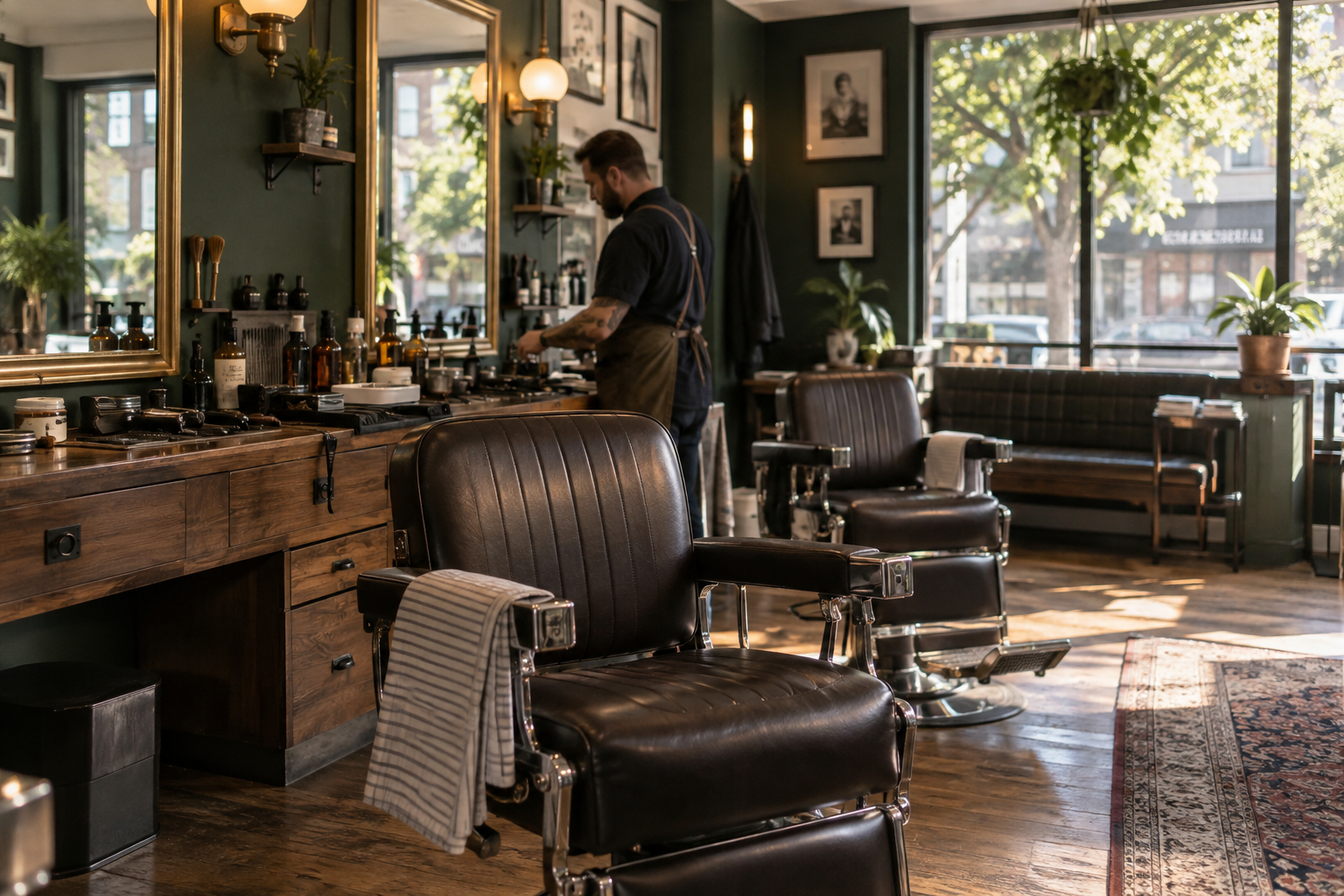 Illustrative barbershop with leather chairs and a barber preparing a workstation in afternoon light