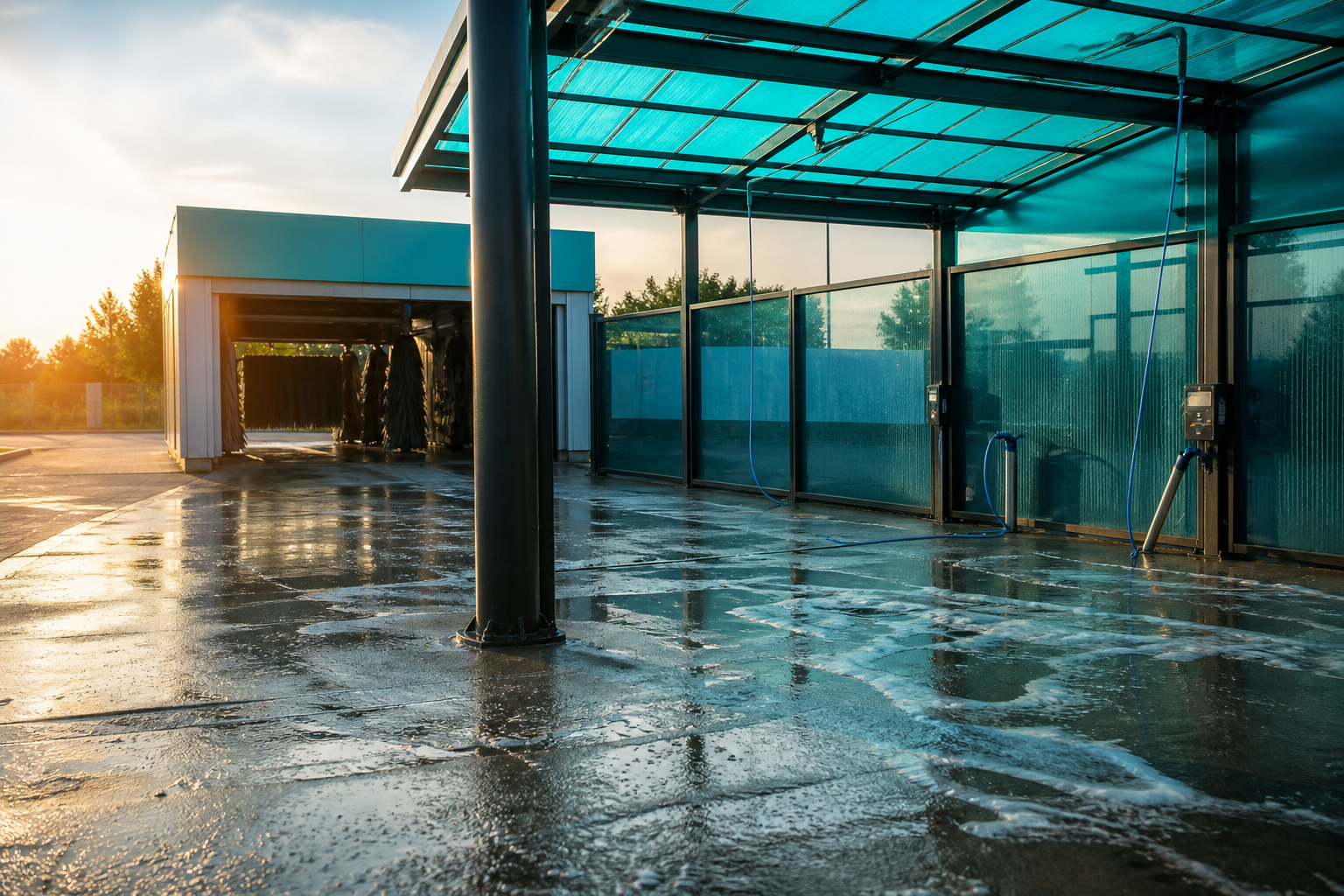 Open car wash bays with wash hoses and sunlight reflecting on the wet pavement