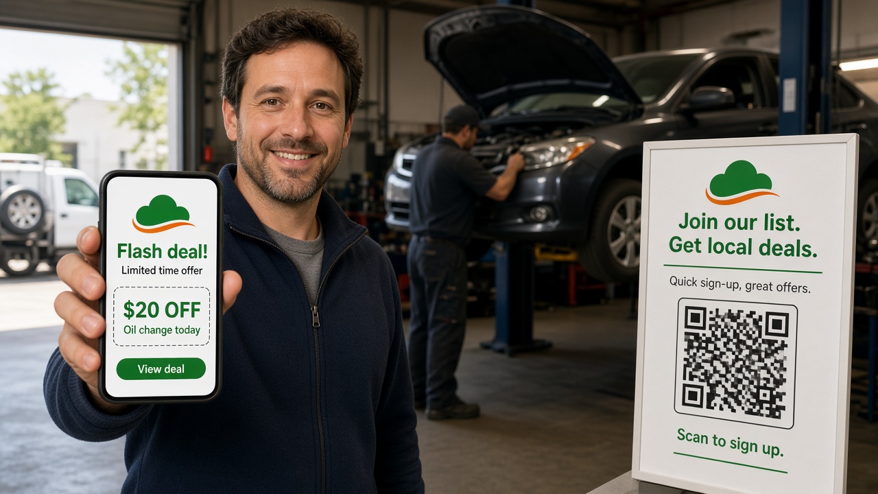 A customer in an auto shop shows a flash deal on their phone beside a QR signup poster while a mechanic works on a car on a lift