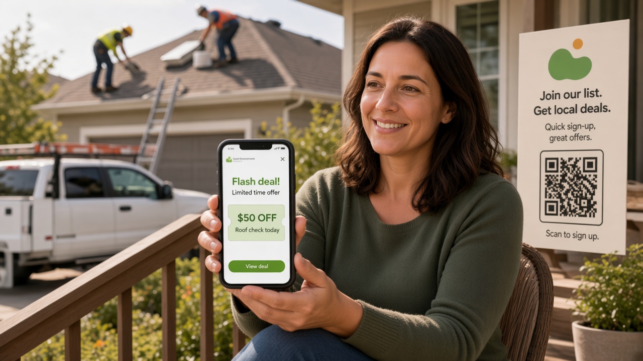 A homeowner on the porch views a flash deal on her phone while roofers work on the house, with a QR signup poster nearby